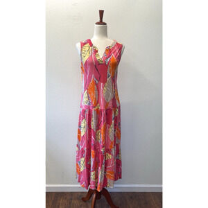 Nic+Zoe Feather Leaves Midi Dress Womens Size M Pink Orange Palm Print Tiered